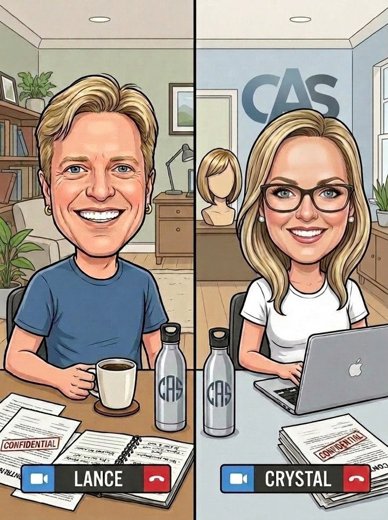 Lance and Crystal on a video call, caricature