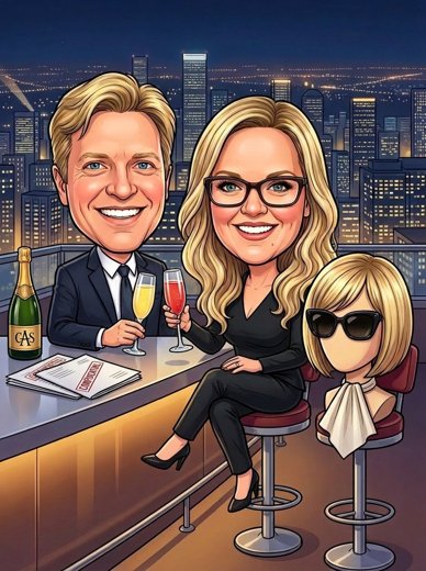 Lance and Crystal toasting, caricature
