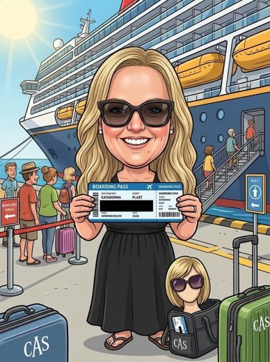 Crystal boarding with a boarding pass, caricature