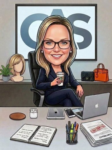 Crystal at her desk, caricature
