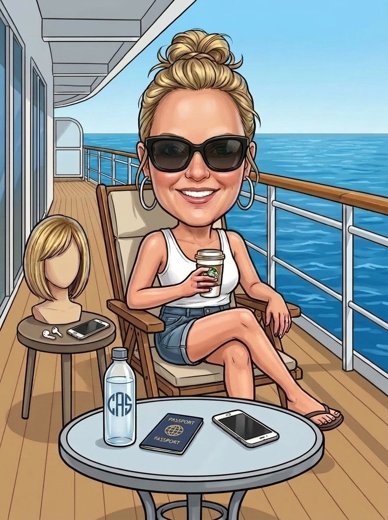 Crystal on a ship balcony, caricature
